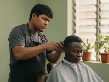 A barber in a dark apron lines up a client's fade with clippers